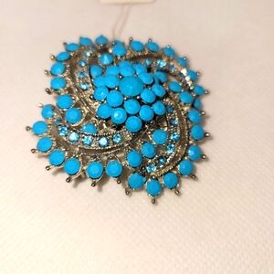 Blue  Brooch With Rhinestones Silver Tone